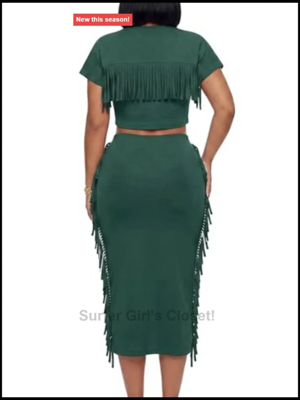 2 Piece Outfit Crop Top Tassel Trim Bodycon Midi Skirt Set